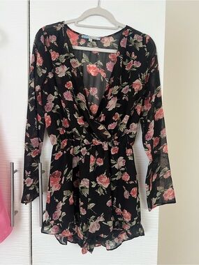 Cecico Black Floral V-Neck Romper with Pink and Coral Roses